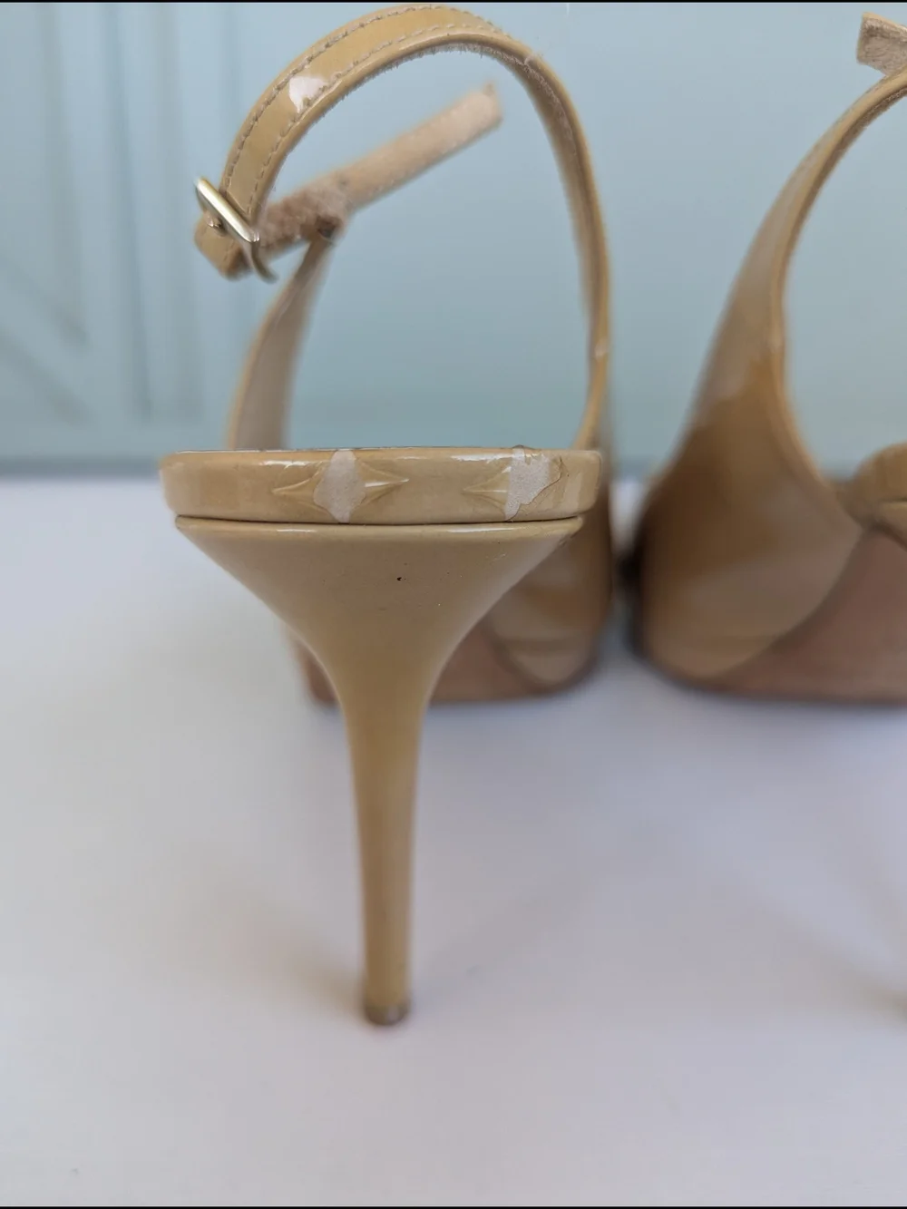 Jimmy Choo Beige Patent Leather Peep-Toe Slingback Wedges
